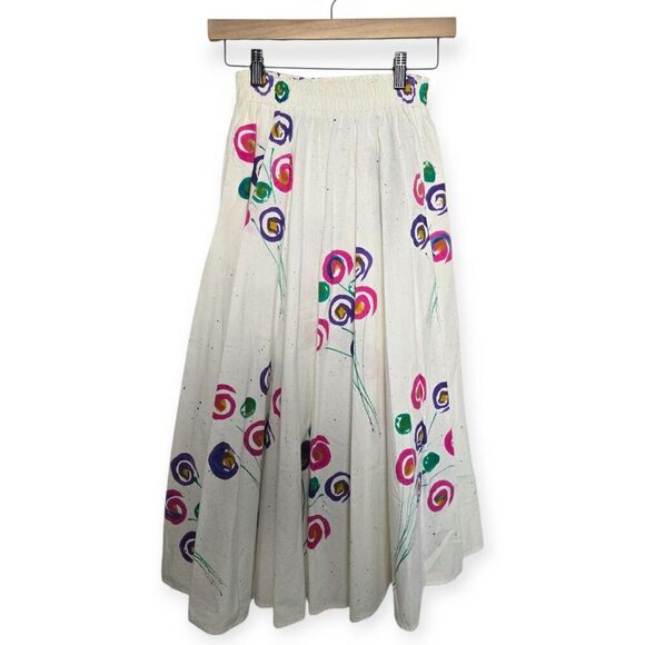 PLAY ALEGRE One Size 100% Cotton Hand Painted Midi Skirt Art To Wear Floral Boho - Picture 1 of 4